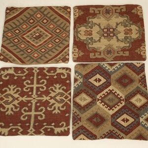 Four Carpet Woven Vintage Pillow Cases Coordinating Set Natural Fiber Zip Casing